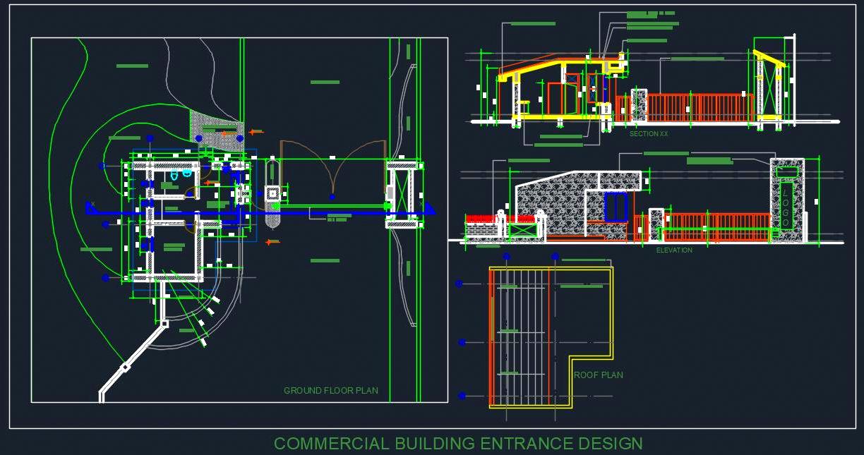 Commercial Building Entrance CAD- Floor Plan, Elevation & Gates